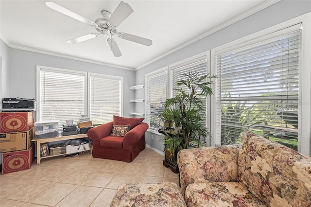 2204 67th St W, Bradenton, FL 34209 - living area featuring ornamental molding, light tile patterned floors, and ceiling fan