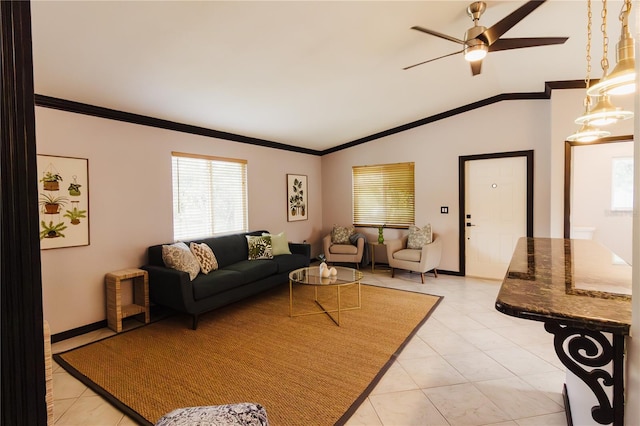 4945 Camphor Ave, Sarasota, FL 34231 - living room featuring vaulted ceiling, crown molding, a ceiling fan, and light tile patterned floors