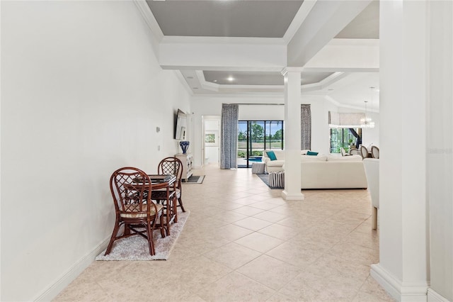 7542 Windy Hill Cv, Bradenton, FL 34202 - corridor featuring ornate columns, crown molding, light tile patterned floors, baseboards, and coffered ceiling