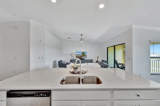 5695 Palmer Cir Unit 203, Bradenton, FL 34211 - kitchen featuring stainless steel dishwasher, open floor plan, ceiling fan, light stone counters, and ornamental molding