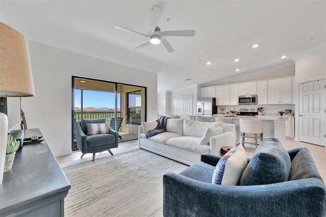 5695 Palmer Cir Unit 203, Bradenton, FL 34211 - living area featuring ornamental molding, a ceiling fan, recessed lighting, and lofted ceiling