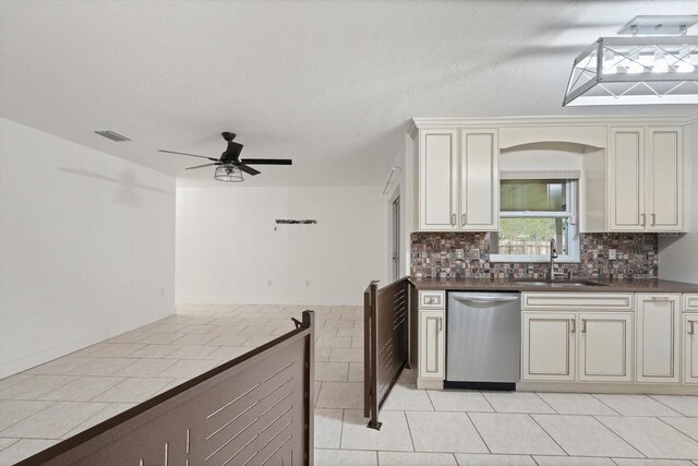 5433 81st Avenue Cir E, Palmetto, FL 34221 - kitchen featuring stainless steel dishwasher, a sink, cream cabinets, a ceiling fan, and tasteful backsplash