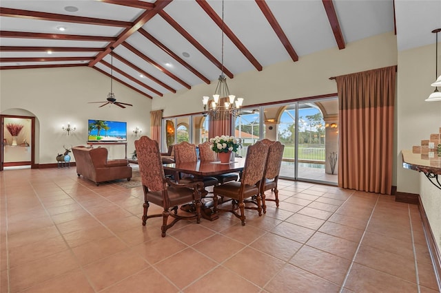 7025 Saddle Creek Cir, Sarasota, FL 34241 - dining room with beam ceiling, light tile patterned floors, high vaulted ceiling, arched walkways, and ceiling fan
