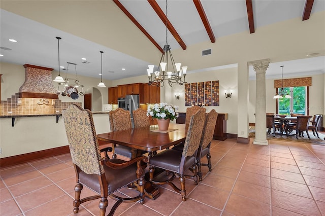 7025 Saddle Creek Cir, Sarasota, FL 34241 - dining space with a chandelier, recessed lighting, tile patterned flooring, and ornate columns