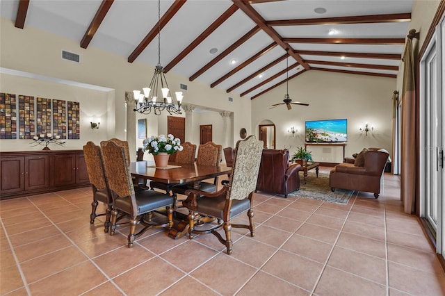 7025 Saddle Creek Cir, Sarasota, FL 34241 - dining room with light tile patterned floors, beam ceiling, a ceiling fan, arched walkways, and a chandelier