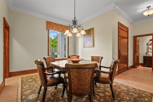 7025 Saddle Creek Cir, Sarasota, FL 34241 - tiled dining area with a chandelier and ornamental molding