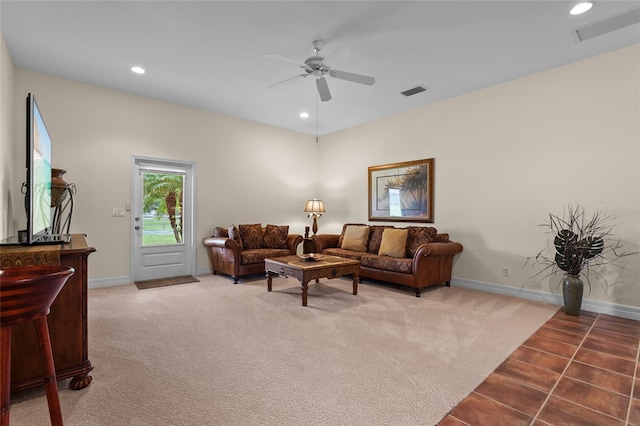 7025 Saddle Creek Cir, Sarasota, FL 34241 - living area with a ceiling fan, recessed lighting, light colored carpet, and light tile patterned flooring
