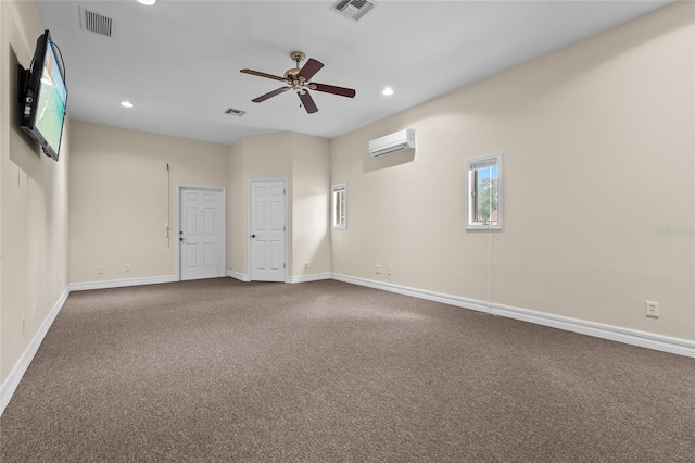 7025 Saddle Creek Cir, Sarasota, FL 34241 - empty room with a wall mounted AC, carpet, ceiling fan, and recessed lighting
