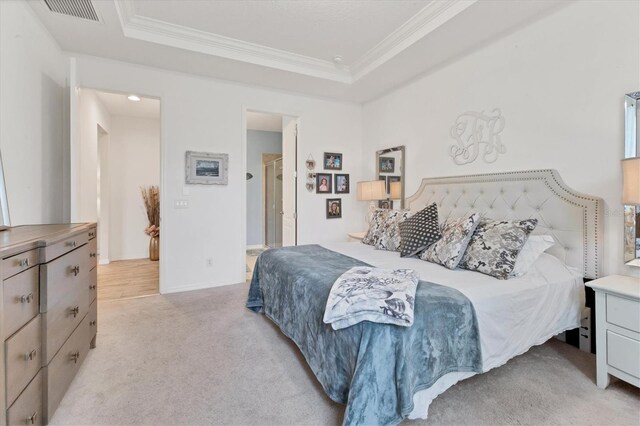 4524 Baltry Ct, Bradenton, FL 34211 - bedroom with light carpet, ornamental molding, baseboards, and a tray ceiling
