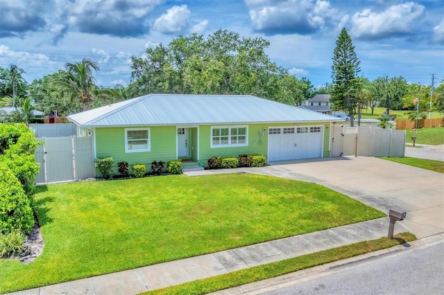 7727 9th Avenue Dr NW, Bradenton, FL 34209 - ranch-style house featuring an attached garage, a gate, concrete driveway, and metal roof