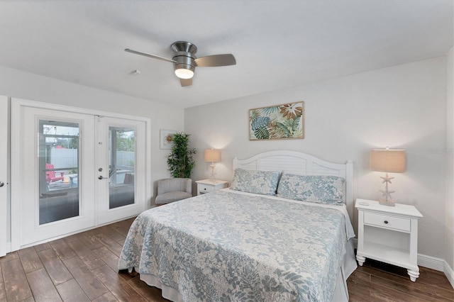 7727 9th Avenue Dr NW, Bradenton, FL 34209 - bedroom with access to exterior, dark wood-style flooring, french doors, baseboards, and a ceiling fan