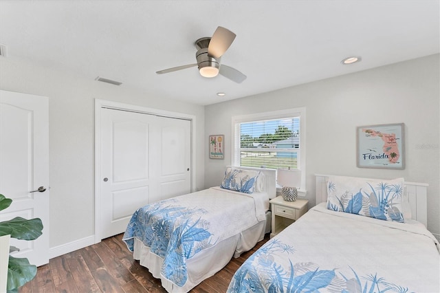 7727 9th Avenue Dr NW, Bradenton, FL 34209 - bedroom featuring wood finished floors, a closet, baseboards, a ceiling fan, and recessed lighting