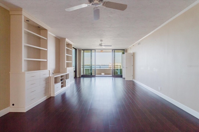 1255 N Gulfstream Ave Unit 1104, Sarasota, FL 34236 - unfurnished living room with ceiling fan, ornamental molding, baseboards, a textured ceiling, and dark wood-style flooring