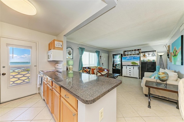 767 John Ringling Blvd Unit 25, Sarasota, FL 34236 - kitchen featuring white appliances, open floor plan, light tile patterned floors, a peninsula, and ornamental molding