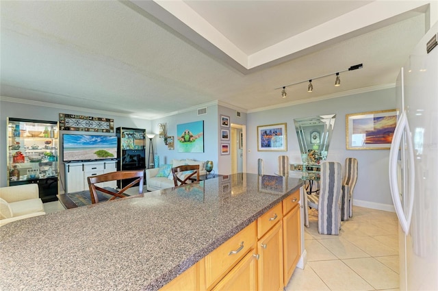 767 John Ringling Blvd Unit 25, Sarasota, FL 34236 - kitchen with freestanding refrigerator, open floor plan, ornamental molding, light tile patterned floors, and track lighting