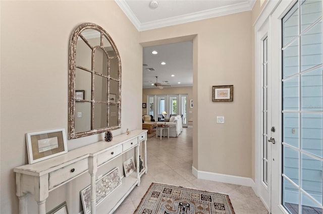 315 Sapphire Lake Dr Unit 101, Bradenton, FL 34209 - entryway with ornamental molding, a ceiling fan, recessed lighting, and light tile patterned floors