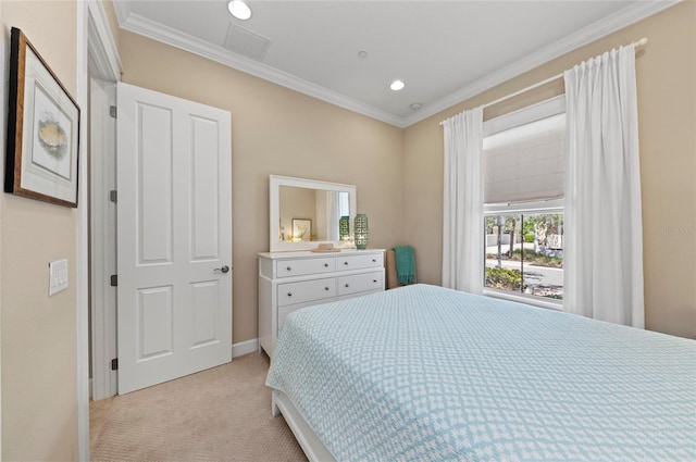 315 Sapphire Lake Dr Unit 101, Bradenton, FL 34209 - bedroom with light colored carpet, crown molding, and recessed lighting