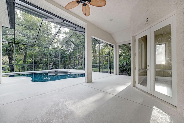 5103 Twin Creeks Dr, Valrico, FL 33596 - view of swimming pool featuring a patio area, ceiling fan, french doors, a lanai, and a pool with connected hot tub