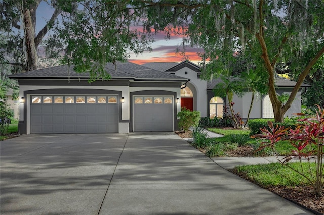 5103 Twin Creeks Dr, Valrico, FL 33596 - view of front of home with driveway, stucco siding, an attached garage, and a shingled roof