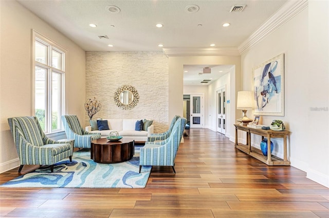 8579 54th Avenue Cir E, Bradenton, FL 34211 - living area with wood-type flooring, recessed lighting, and ornamental molding