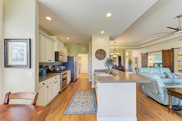 8906 Stone Harbour Loop, Bradenton, FL 34212 - kitchen with stainless steel appliances, open floor plan, a barn door, a peninsula, and ceiling fan