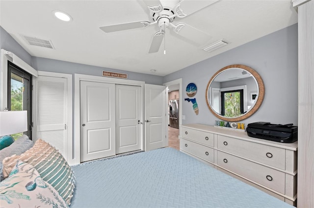5806 Gulf Dr Unit 201S, Holmes Beach, FL 34217 - carpeted bedroom featuring ceiling fan and recessed lighting