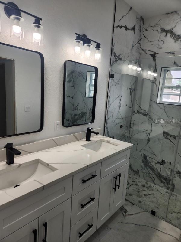 13074 SW 104th Ln, Dunnellon, FL 34432 - full bath with marble finish flooring, double vanity, and a marble finish shower