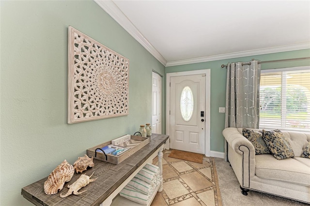 4508 Mangrove Point Rd, Bradenton, FL 34210 - entryway featuring inlaid floor details, ornamental molding, and baseboards