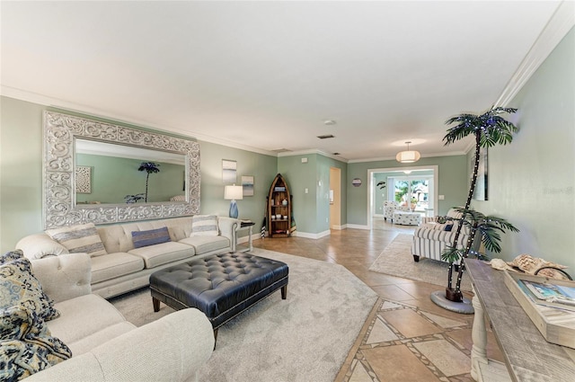 4508 Mangrove Point Rd, Bradenton, FL 34210 - tiled living area with inlaid floor details, ornamental molding, and baseboards