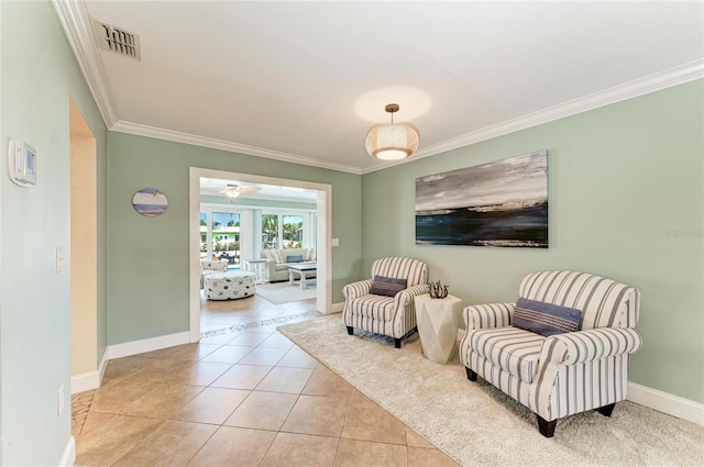 4508 Mangrove Point Rd, Bradenton, FL 34210 - sitting room with ornamental molding, baseboards, light tile patterned flooring, and a ceiling fan