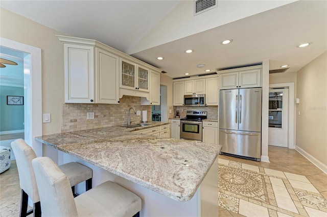 4508 Mangrove Point Rd, Bradenton, FL 34210 - kitchen with stainless steel appliances, a sink, decorative backsplash, light stone countertops, and baseboards