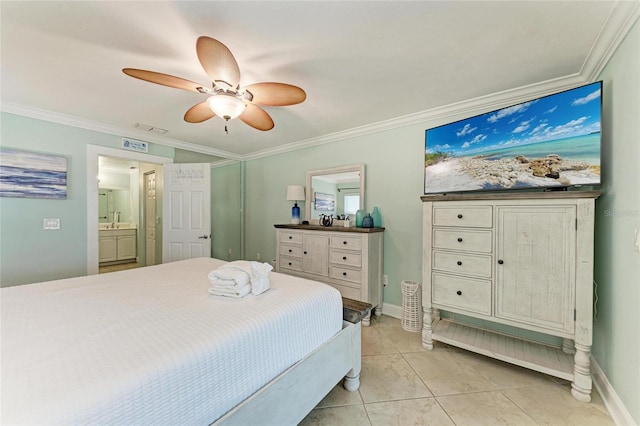 4508 Mangrove Point Rd, Bradenton, FL 34210 - bedroom featuring crown molding, ceiling fan, light tile patterned floors, baseboards, and ensuite bath