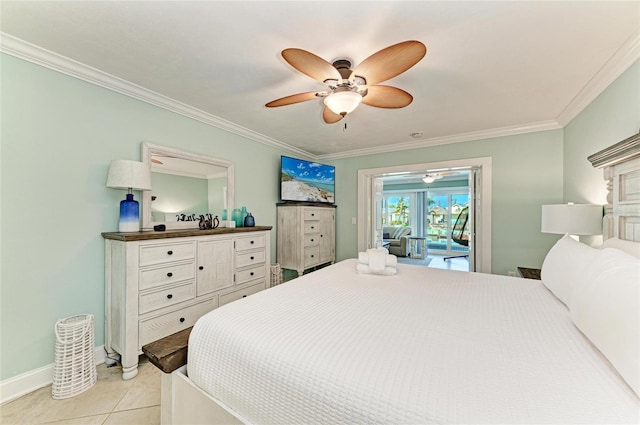 4508 Mangrove Point Rd, Bradenton, FL 34210 - bedroom with access to outside, crown molding, light tile patterned floors, ceiling fan, and baseboards
