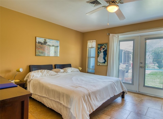 2216 Lake Shore Dr, Nokomis, FL 34275 - bedroom featuring access to outside, french doors, and ceiling fan