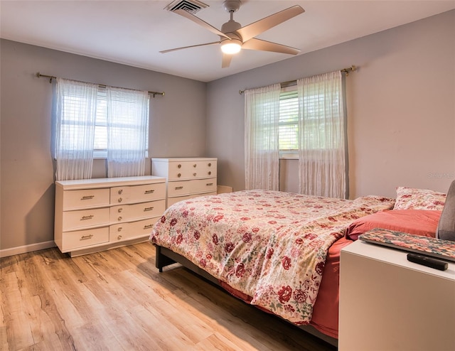 2216 Lake Shore Dr, Nokomis, FL 34275 - bedroom with multiple windows, light wood-style flooring, and ceiling fan