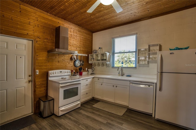 2216 Lake Shore Dr, Nokomis, FL 34275 - kitchen with white appliances, wall chimney exhaust hood, wood ceiling, white cabinets, and ceiling fan