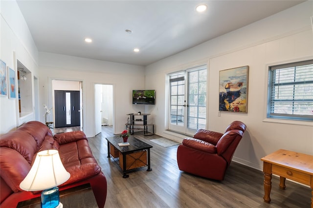 2216 Lake Shore Dr, Nokomis, FL 34275 - living room featuring wood finished floors, plenty of natural light, and recessed lighting