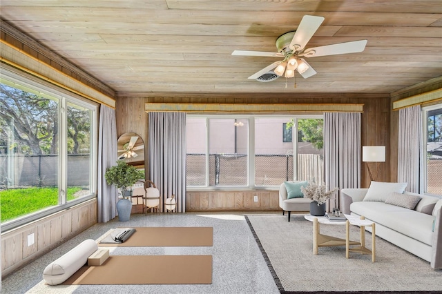 3001 Bay Shore Cir, Sarasota, FL 34234 - sunroom featuring wooden walls, wooden ceiling, and carpet floors
