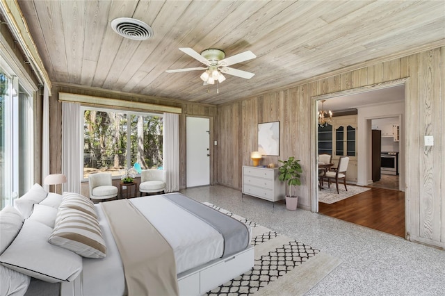 3001 Bay Shore Cir, Sarasota, FL 34234 - bedroom featuring wood ceiling, a chandelier, wood walls, and speckle patterned floor