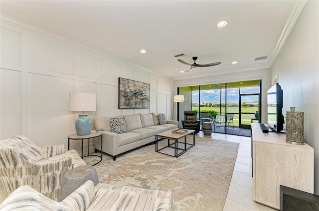 13609 Messina Loop Unit 104, Bradenton, FL 34211 - living area featuring crown molding, ceiling fan, light tile patterned floors, and recessed lighting
