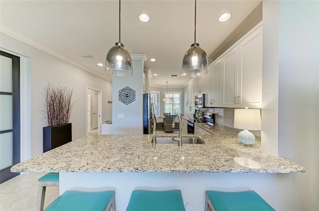 13609 Messina Loop Unit 104, Bradenton, FL 34211 - kitchen with a sink, stainless steel appliances, light stone countertops, a peninsula, and ornamental molding