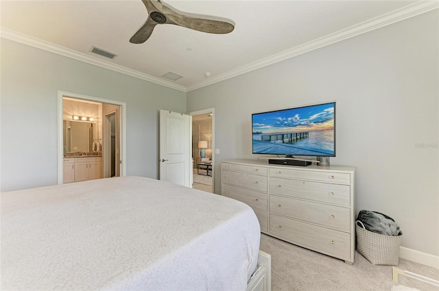 13609 Messina Loop Unit 104, Bradenton, FL 34211 - bedroom featuring ornamental molding, light carpet, ensuite bath, baseboards, and a ceiling fan