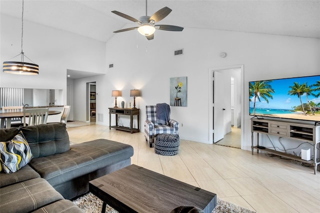 3362 Sandleheath Unit 12, Sarasota, FL 34235 - living room with high vaulted ceiling and ceiling fan