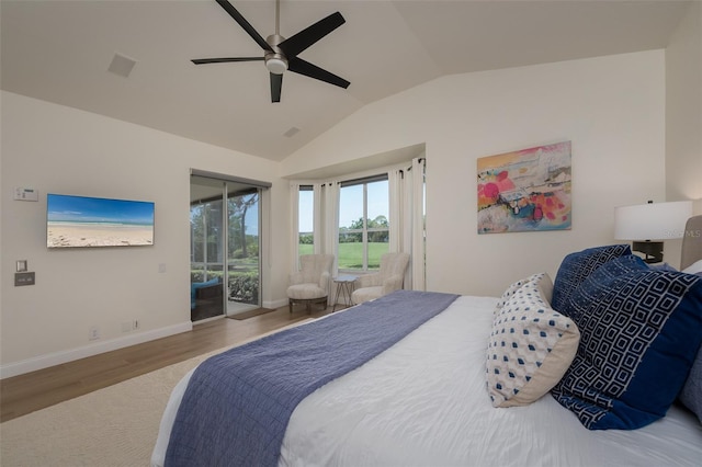 7952 Hampton Ct, University Park, FL 34201 - bedroom with access to outside, lofted ceiling, wood finished floors, baseboards, and ceiling fan