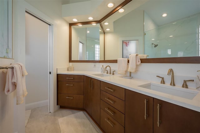 7952 Hampton Ct, University Park, FL 34201 - full bathroom featuring recessed lighting, double vanity, a marble finish shower, and baseboards