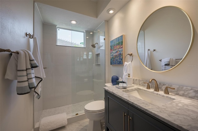 7952 Hampton Ct, University Park, FL 34201 - bathroom featuring toilet, vanity, walk in shower, and recessed lighting