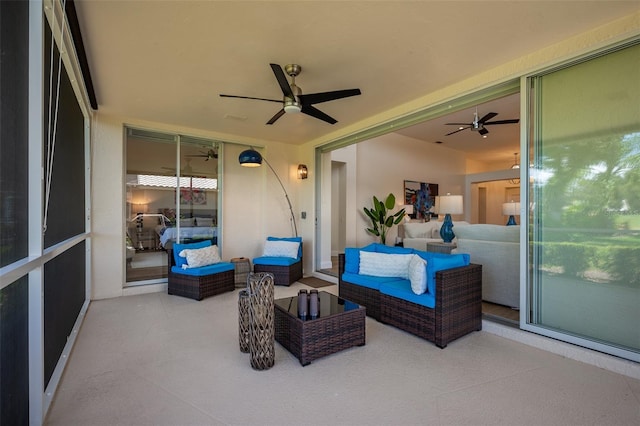 7952 Hampton Ct, University Park, FL 34201 - sunroom featuring a ceiling fan and outdoor lounge area