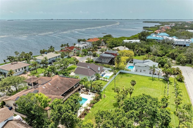 3903 Bayside Dr, Bradenton, FL 34210 - aerial perspective of suburban area featuring a large body of water and a pool