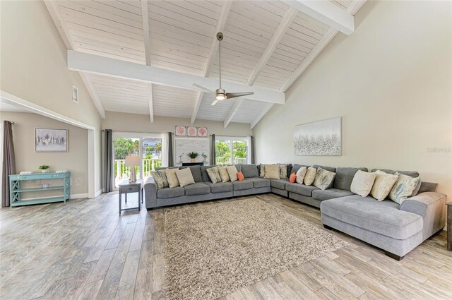 3903 Bayside Dr, Bradenton, FL 34210 - living area with wood finished floors, ceiling fan, high vaulted ceiling, wood ceiling with exposed beams, and baseboards