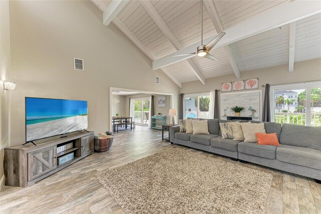 3903 Bayside Dr, Bradenton, FL 34210 - living area featuring wood finished floors, high vaulted ceiling, ceiling fan, and wood ceiling with exposed beams
